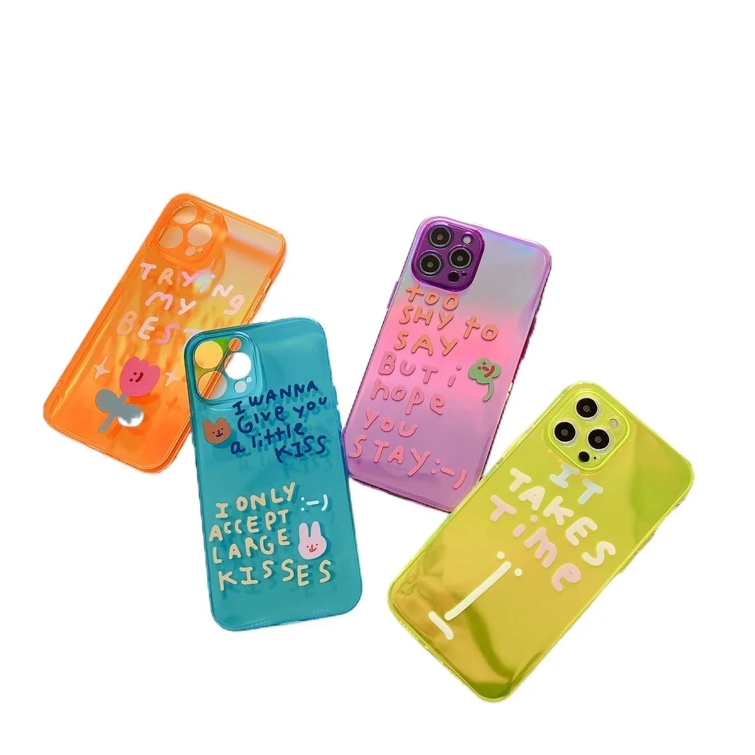 

Флуоресцентный чехол с милыми буквами на английском для iPhone 7 8 Plus 11 12 mini Pro X Xs Max Xr