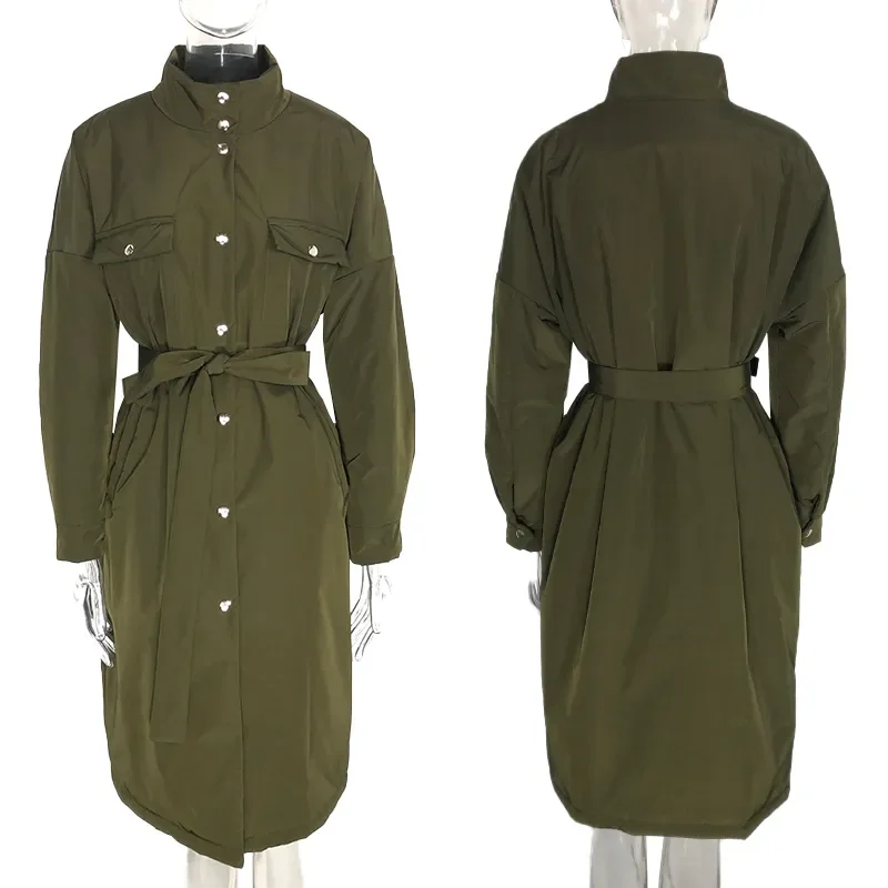 Spring Single Breasted Parkas Women Fashion Stand Collar Coat Women Solid Tie Belt Simple Cotton Jackets Female Ladies