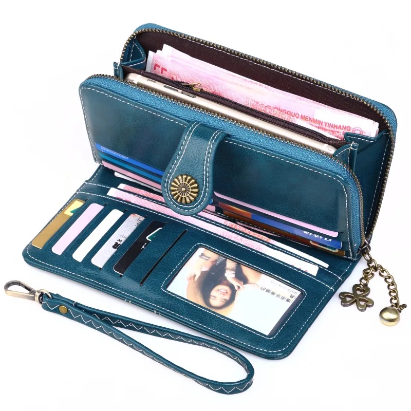 Free Custom Name Oil-Waxed Leather Wallets for Women Fashion Zipper Handbag Multi-Cards Ladies Coin Purse Gift Idea Phone Bag
