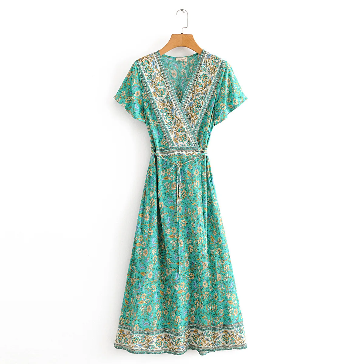 

Винтажное шикарное платье в стиле бохо, Пляжное праздничное платье из вискозы и хлопка в богемном стиле, женское платье с запахом и цветочны...