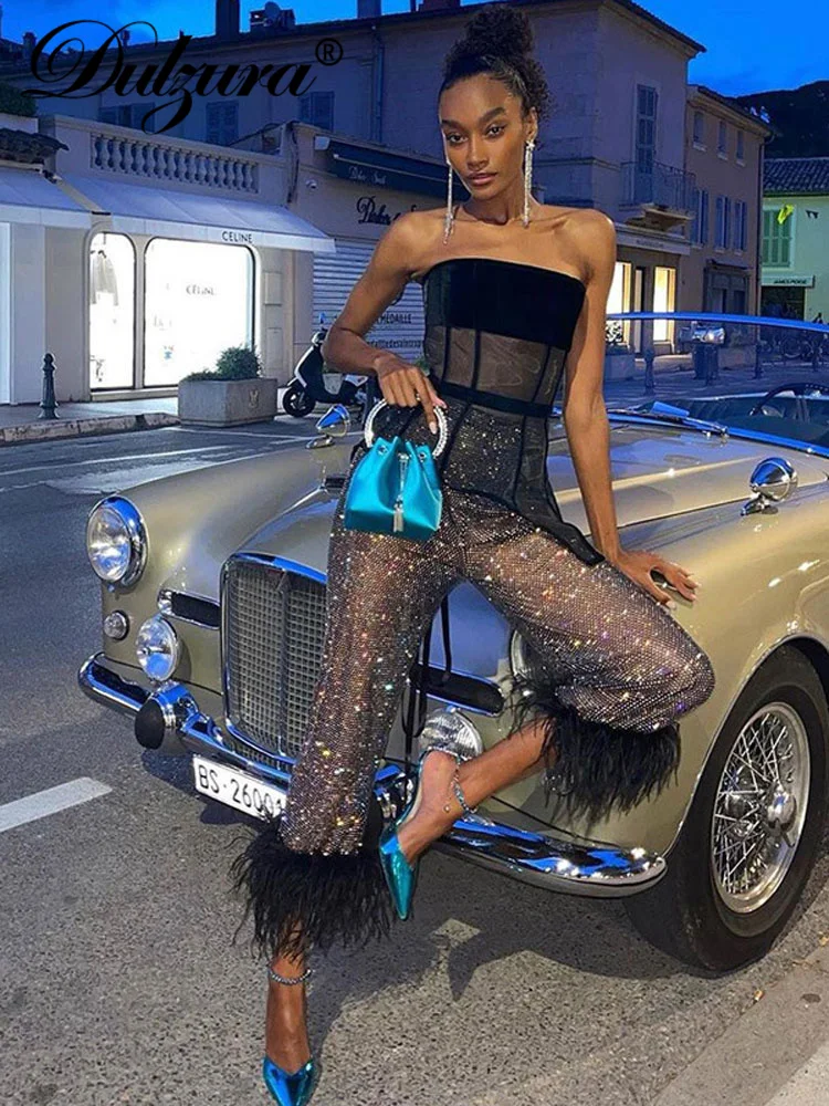 

Dulzura/Летняя женская сетчатая блестящая одежда с перьями Y2K, прозрачные штаны с высокой талией, Клубные уличные брюки