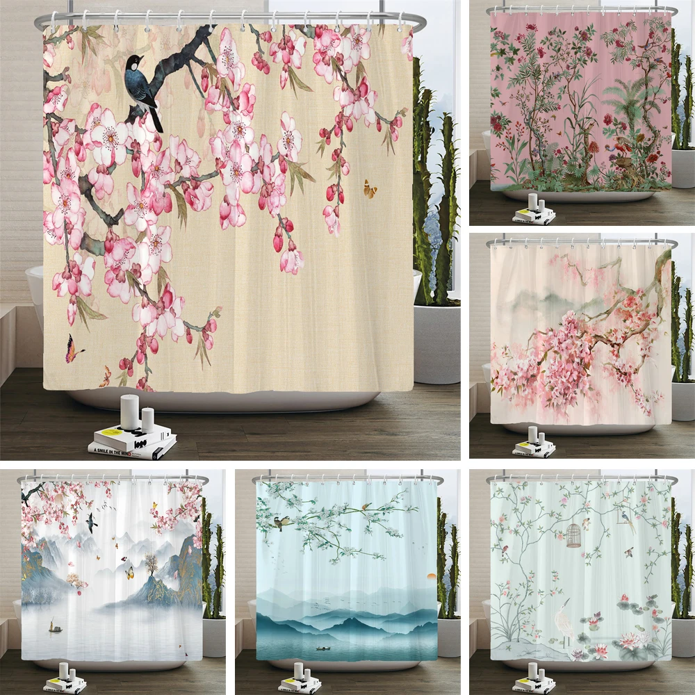 Flowers and Birds pattern Shower Curtain 3D Bath Screen Waterproof Fabric Bathroom Decor 240X180cm With Hook Shower Curtains