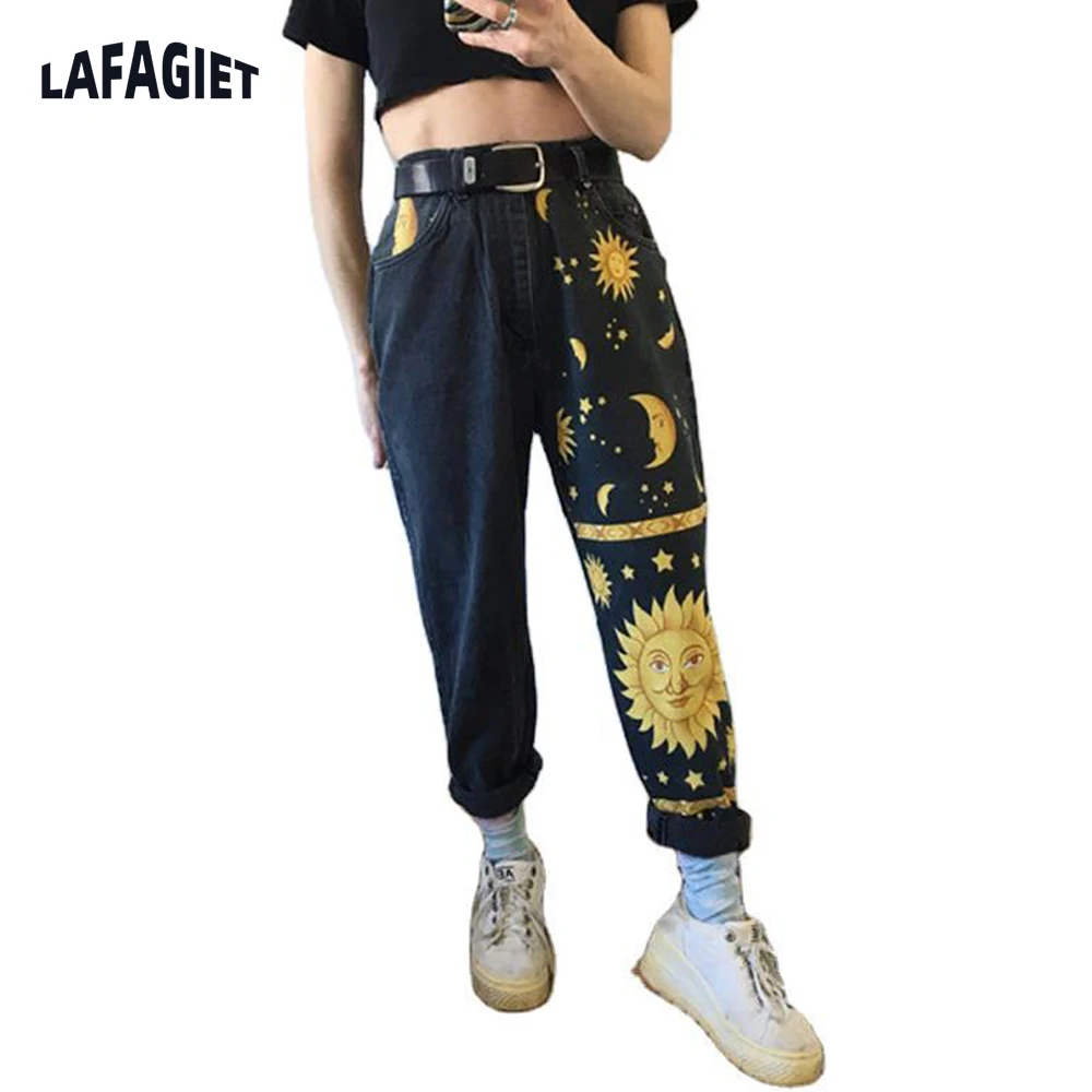 

Women Printed Jeans High Waist Loose Jeans For Ladies Sun Moon Star Pattern Causal Straight Denim Pants New Boyfriend Trousers
