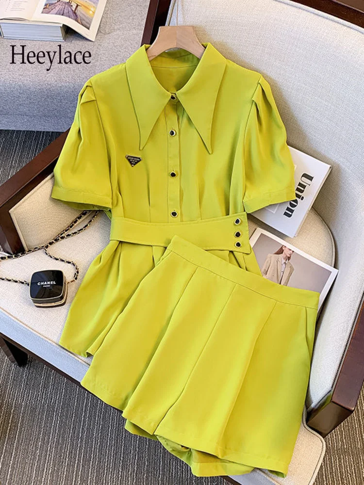 

Summer Office Ladies Elegant 2 Piece Set Women Polo Collar Short Sleeve High Waist Top And Shorts Two Piece Set Business Outfits