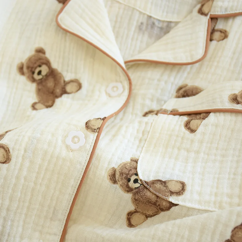 Cartoon Mom Style Home Clothes Washed Crepe Lapel Spring/Autumn Thin Long Sleeve Trousers Cotton Double Gauze Female Pajamas Set