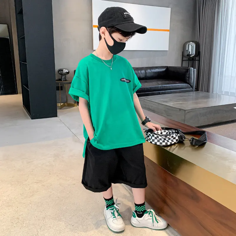 Loose Style Big Boys Clothing Set For Summer 2022 New Fashion Casual O-Neck Print Two Pieces Sport Suit Cotton Teenager Clothes
