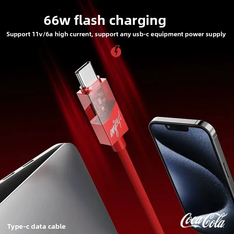 Фото Кабель для передачи данных Kawaii Cola Type C, 66 Вт, быстрая зарядка, плетеный шнур для Android, Apple, Xiaomi, Huawei, универсальный, 2026, в красивой подарочной коробке. №3