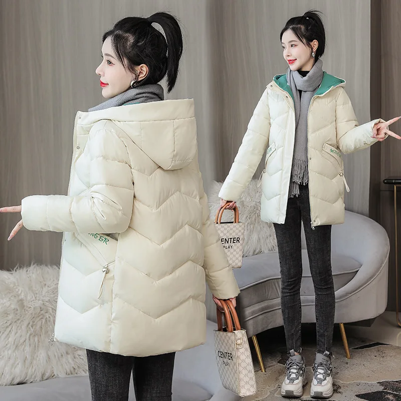 2022 Winter Jacket Women Medium and Long Womens Thicken Outerwear Solid Hooded Coats Zipper Female Slim Cotton Padded Basic Tops