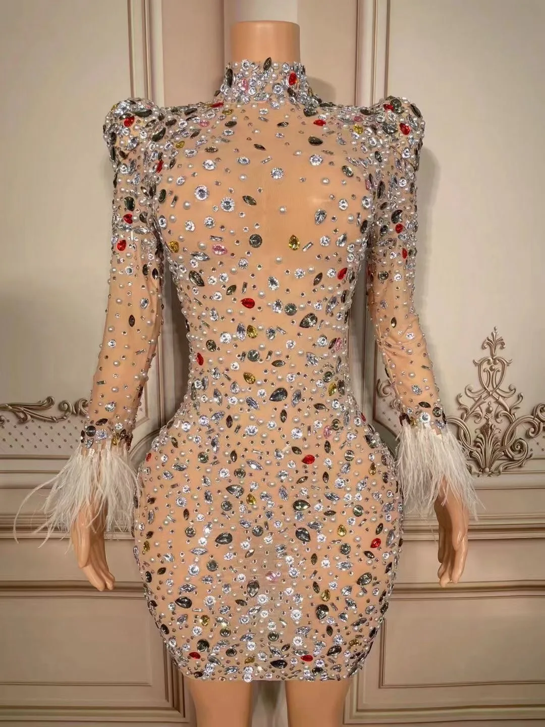 

Rhinestone Women Mini Dress Birthday Drag Queen Outfit Bar Sparkly With Feather DJ GoGo Dancer Performance Stage Wear Nightclub