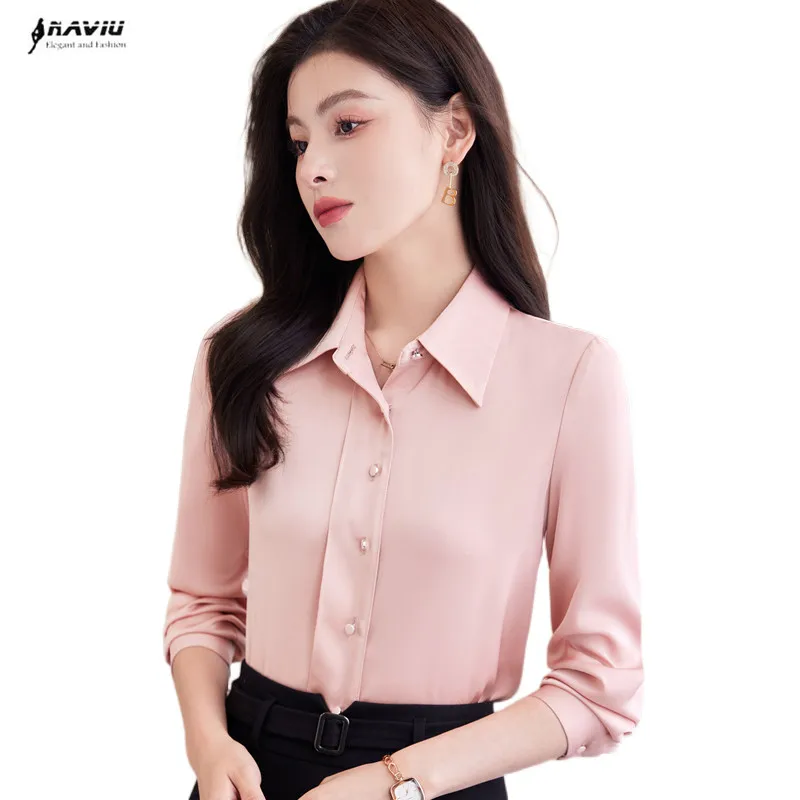 

Acetate Satin Shirt Women Professional Formal 2022 Autumn New Temperament Long Sleeve Pink Blousese Office Ladies Wrok Tops