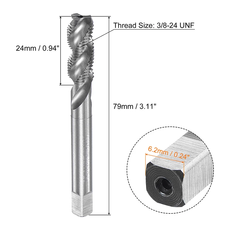 HSS Spiral Flute Tap Thread Taps 3/8-24 UNF 2B Uncoated Machine Flutes Threading Screw for Aluminum Metals Processing