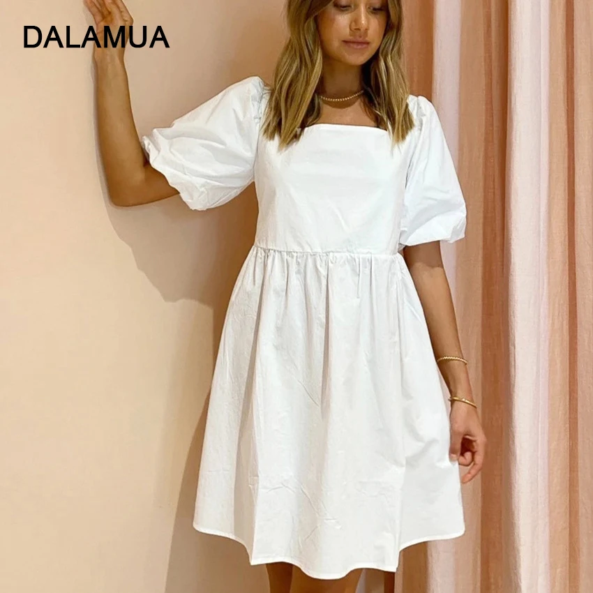 

Causal Summer Women Dress Solid White Short Sleeve Square Collar Cotton Office Ladies Vintage Backless Loose Female Mini Dresses