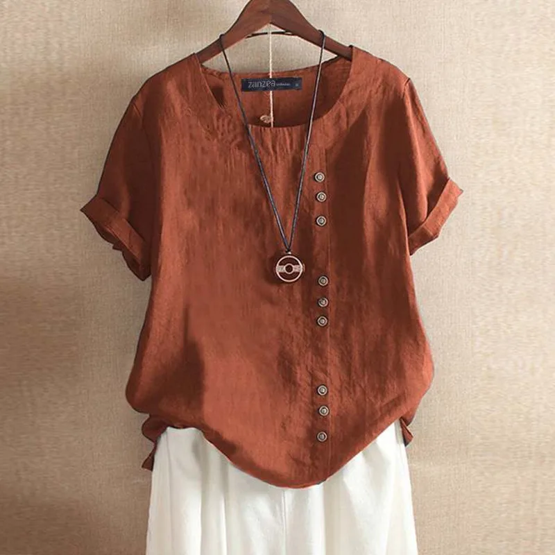 

Women's Linen Blouse With Round Neck Casual Cotton Shirt Loose Buttons Ladies Summer Work Cover Belly Thin Retro Fashion Street