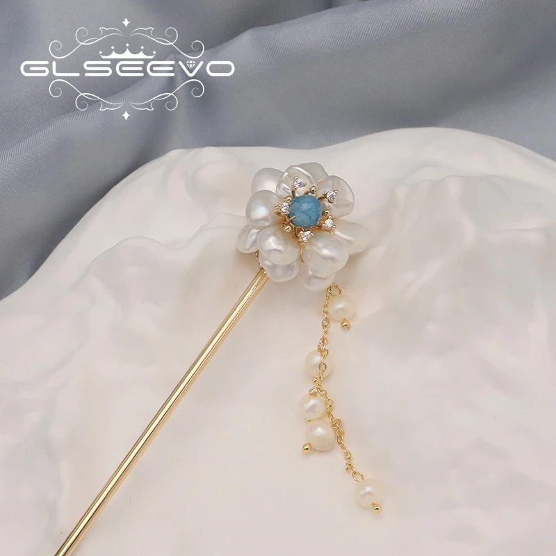 

GLSEEVO Natural Tahitian Baroque Pearls Aquamarine Blossoms Tassel Pendant Hairpin Simple Luxury Fine Jewelry Christmas Gifts