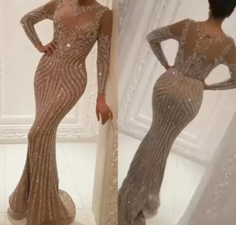 

New Gorgeous Mermaid Prom Party Gown Jewel Long Sleeve Floor-Length Sweep Train Crystal Applique Sequined long Illusion Custom