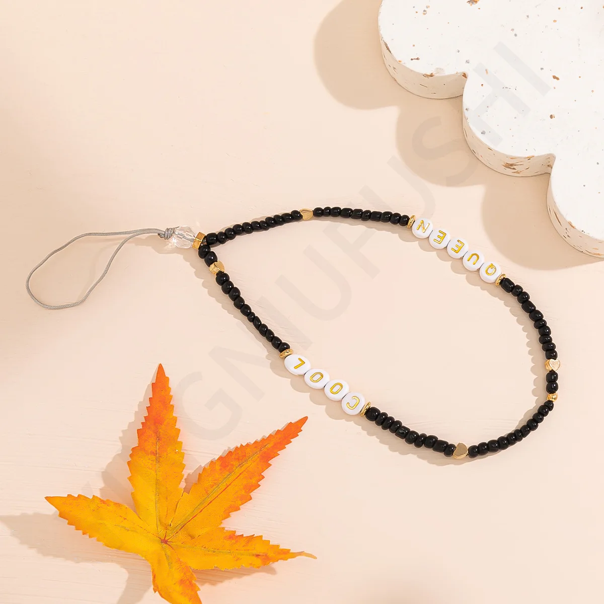 PUNKI Autumn Winter Fashion Ladies Black Geometry Acrylic Soft Ceramic Mobile Phone Chain for Women Girls Short Student Jewelry