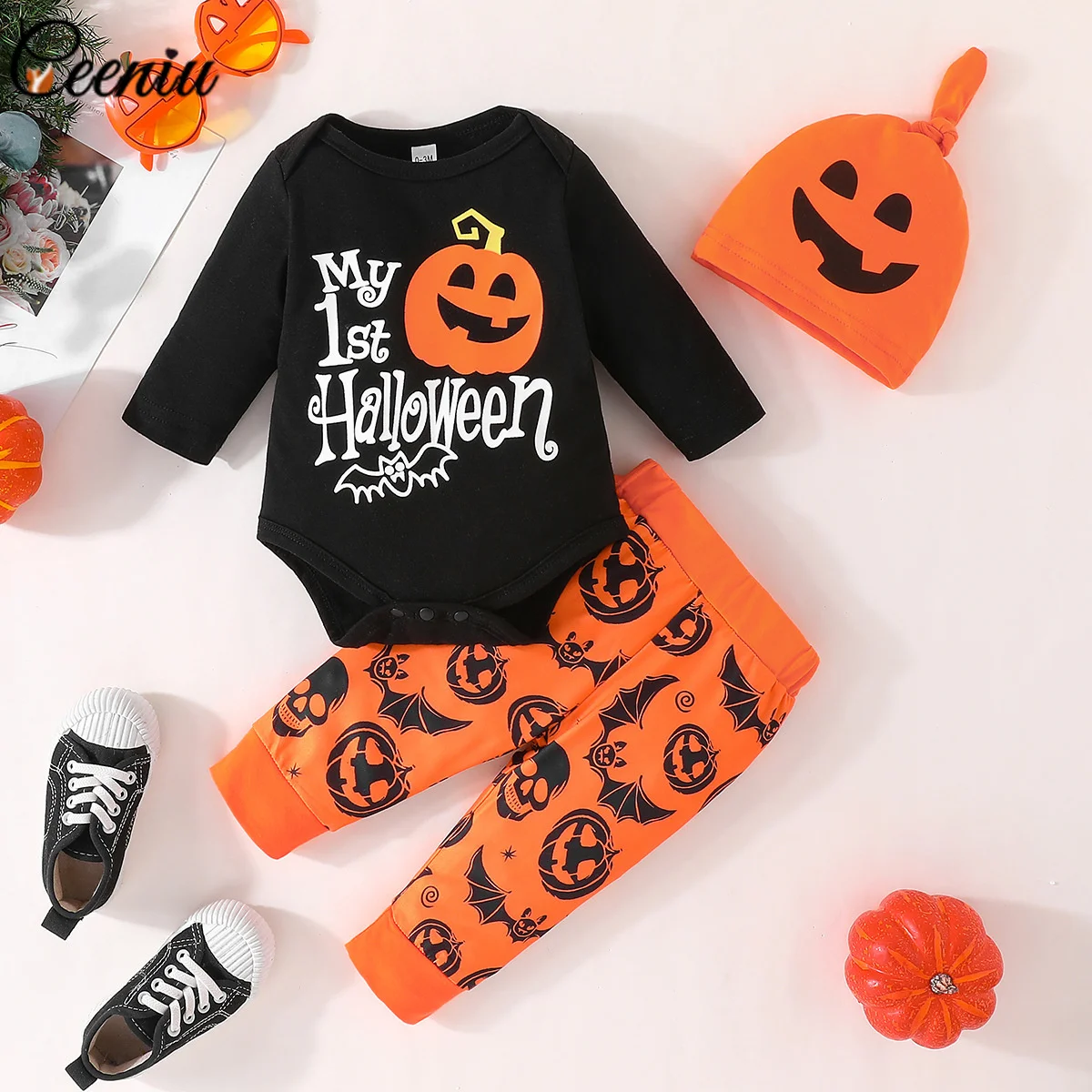 

Ceeniu 0-18M My First Halloween Baby Outfit Boys Letter Bodysuit+Pumpkin Pants+Hat Newborn Baby Halloween Costume