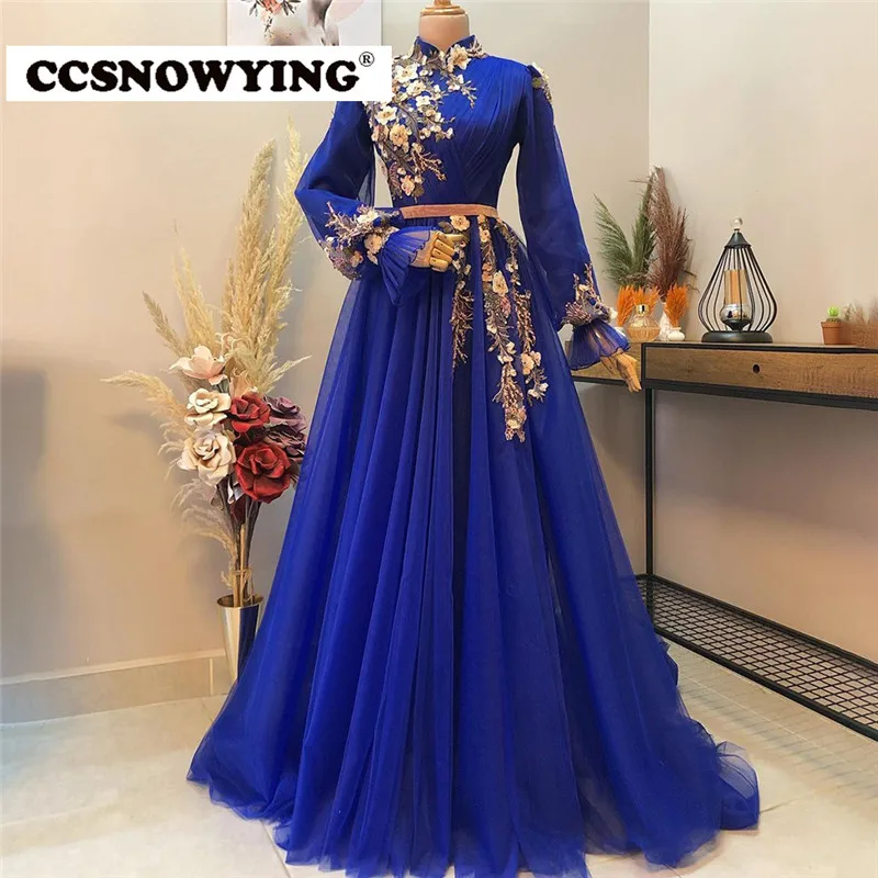 

Royal Blue Long Sleeve Muslim Evening Dresses Appliques Hijab Islamic Formal Party Gown Arabic Kaftan High Neck Robe De Soiree