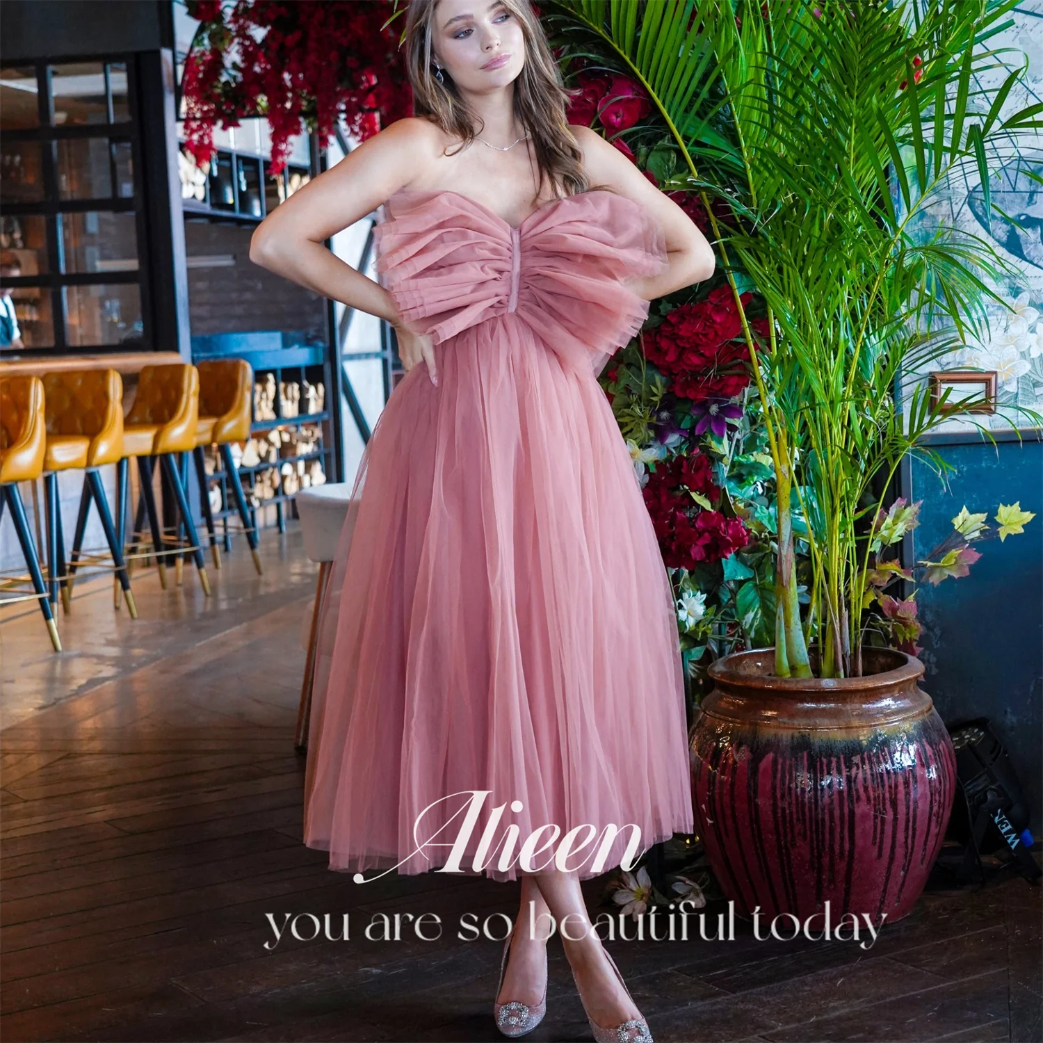 

Aileen Pink Guest Wedding Party Dress Party Evening Elegant Luxury Celebrity Mesh Formal Dresses for Womens 2023 Bow Tie Robe