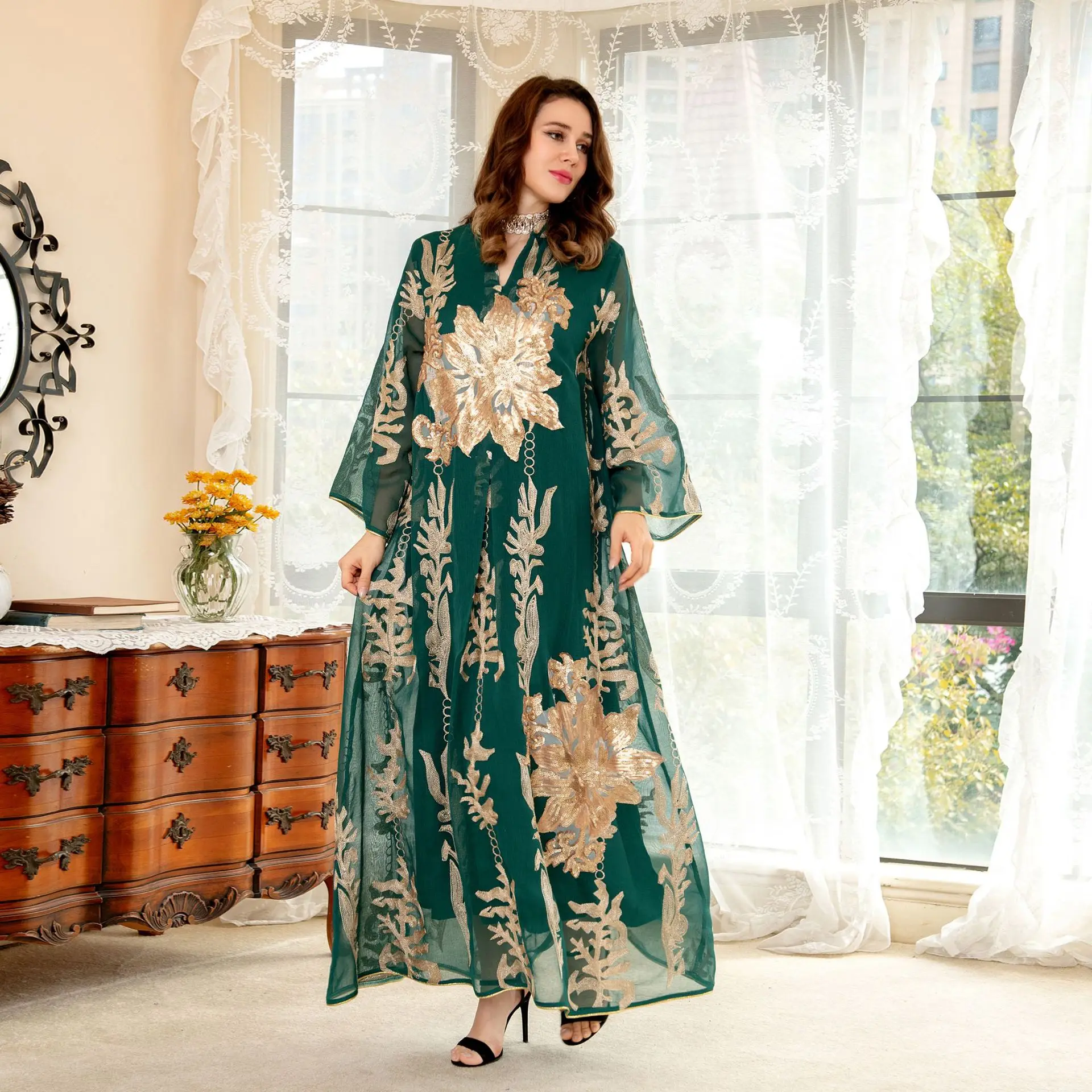 Middle East New Sequin Dress Light Luxury Party Dress Muslim Abaya Womens Clothing Cardigan Muslim