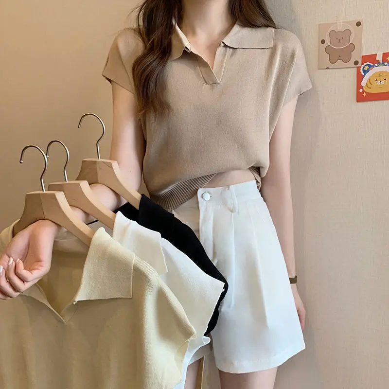 

Новинка 2023, дизайнерская нишевая футболка-поло с воротником, вязаная женская летняя футболка с коротким рукавом, короткий топ