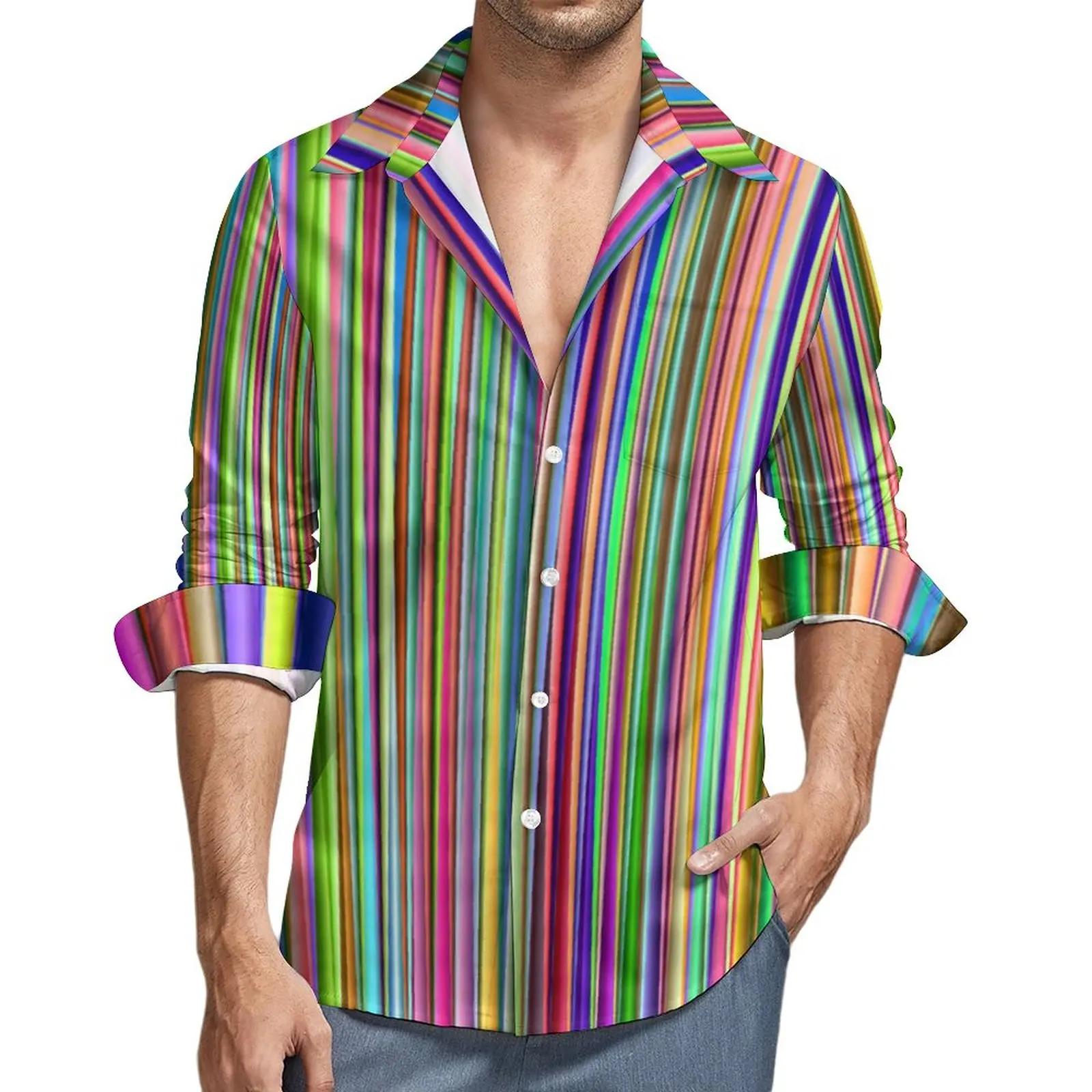 

Рубашка в разноцветную полоску, Весенняя блузка с разноцветным принтом в стиле ретро, с длинным рукавом, в стиле Харадзюку