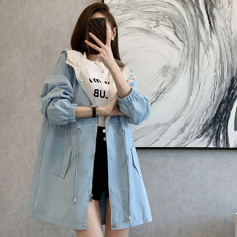 

Autumn Winter Women's Trench Coat Long Coat Casual Loose Pocket Drawstring Patchwork Hooded Coats Jackets Korean Fashion