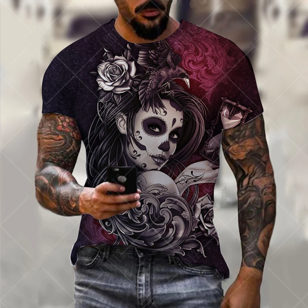 

Vintage T Shirts For Men Horror Undead Skull Girl Pattern 3D Printed Short Sleeve Fashion Casual T-shirt Wowen's T-shirts Tops