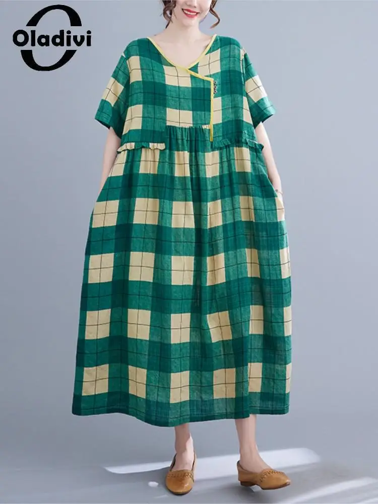 

Oladivi Large Size Women Fashion Plaid Print Short Sleeve Casual Loose Dress 2022 Summer New Vintage Lady Oversized Dresses 2886