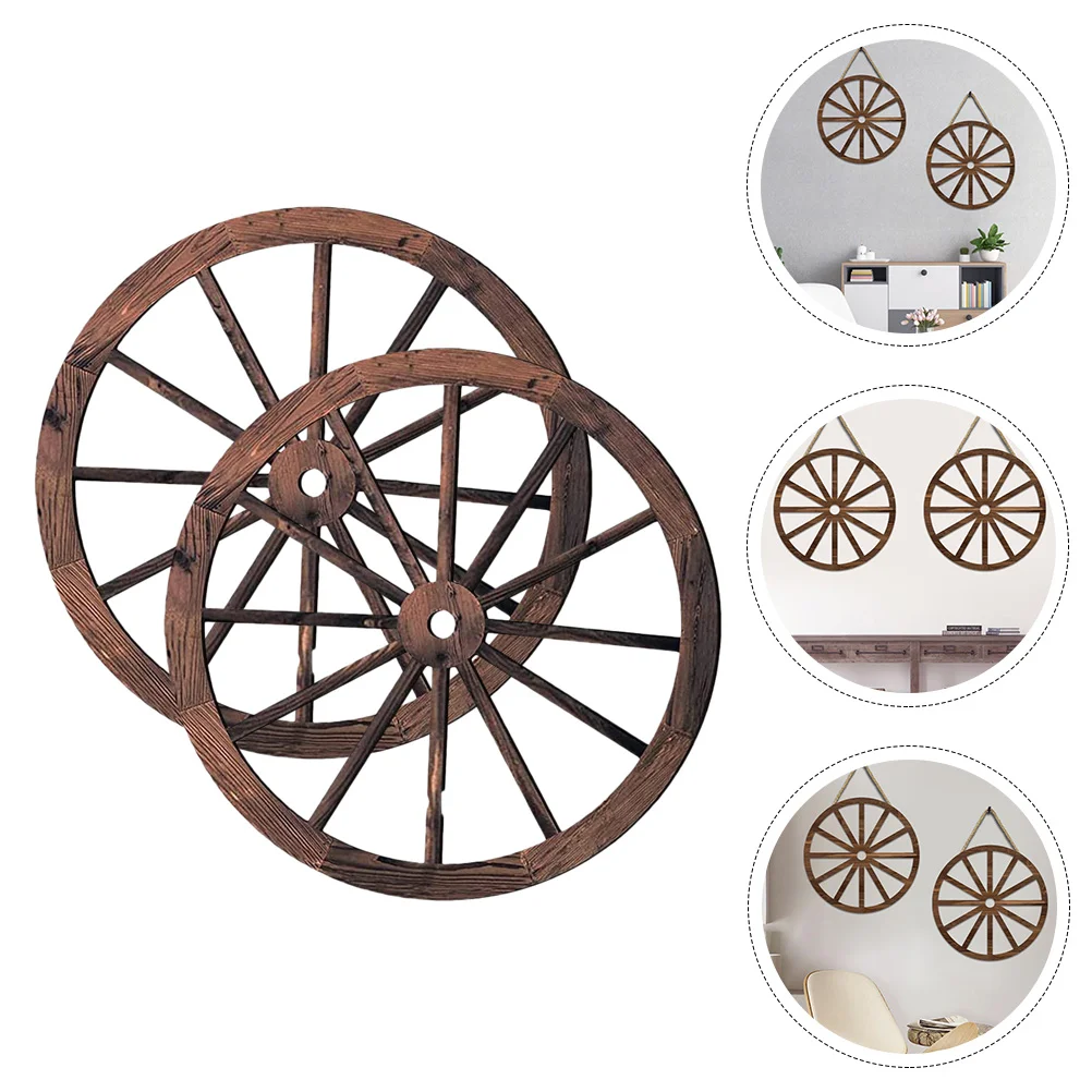 

2 Pcs Wooden Wheel Decoration Household Wall Hanging Vintage Wagon Decorate Cowboy party