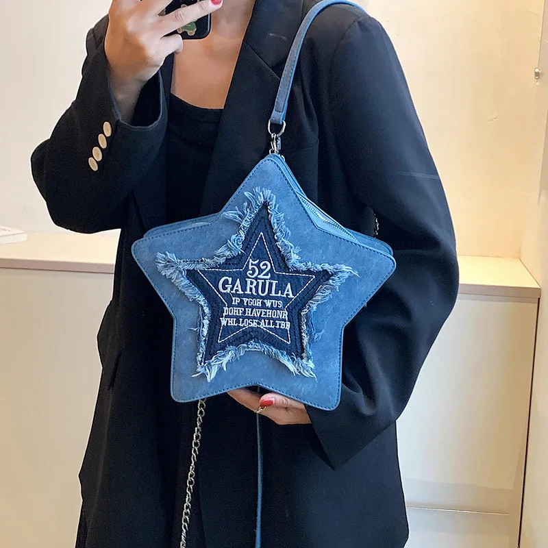 Creative Pentagram Backpack Women New Embroidered Letter Backpack Fashion Denim Shoulder Bags Commuter Storage Satchel Versatile