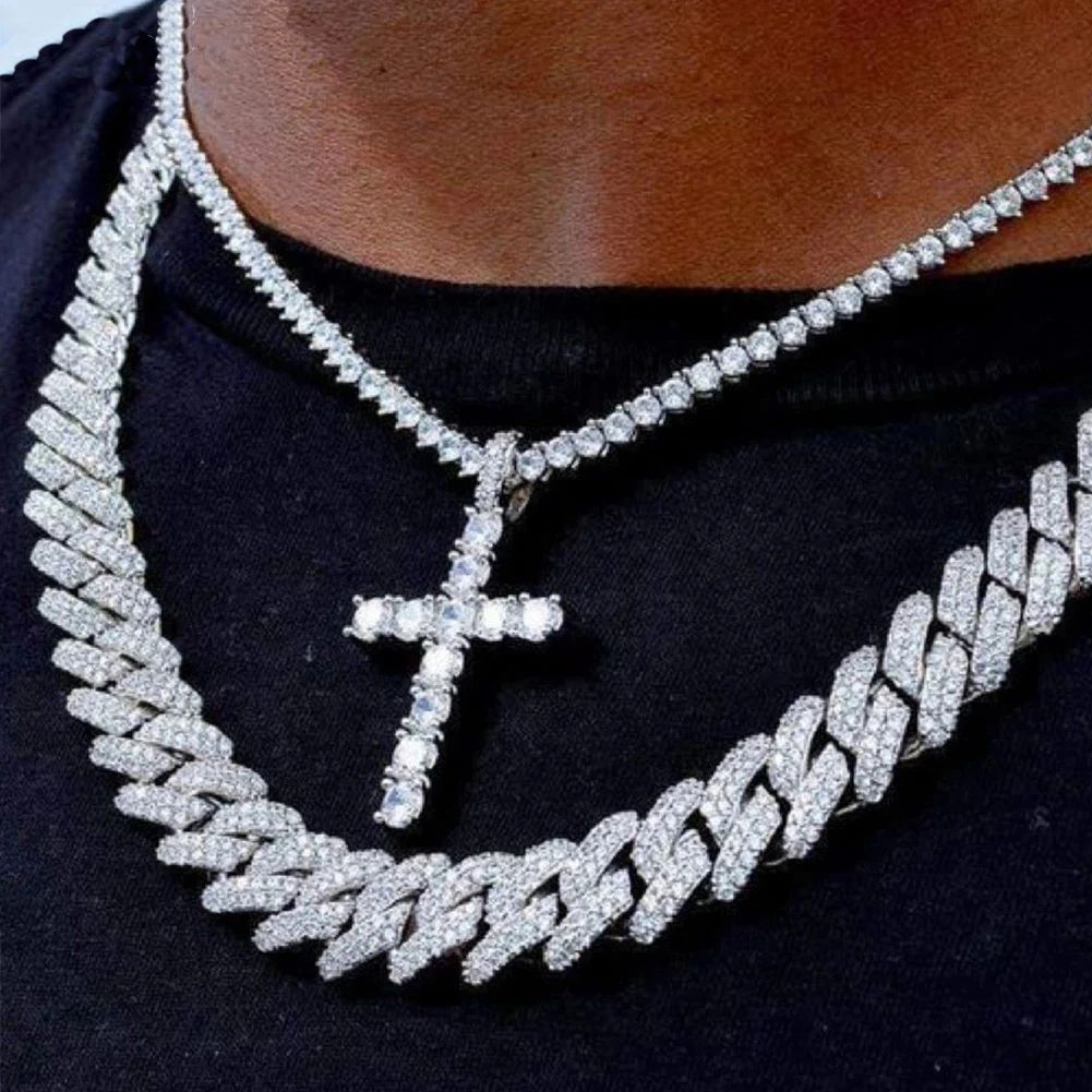 

2Pcs Men Cross Pendant Tennis Chain Necklaces with Iced Out 14mm Miami Cuban Link Chain Necklace Hip Hop Jewelry Fashion Gift