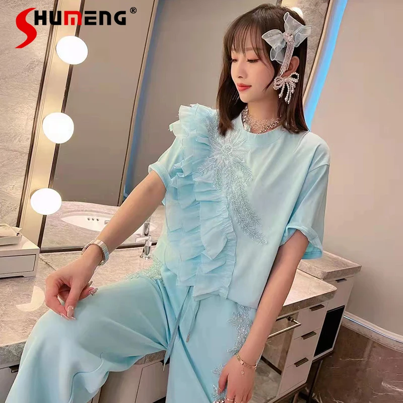 

New Korean Style Fashion Sweet Short Sleeve T-shirt Women's 2022 Summer Fairy Simple Beads Irregular Ruffled Patchwork Top Tees