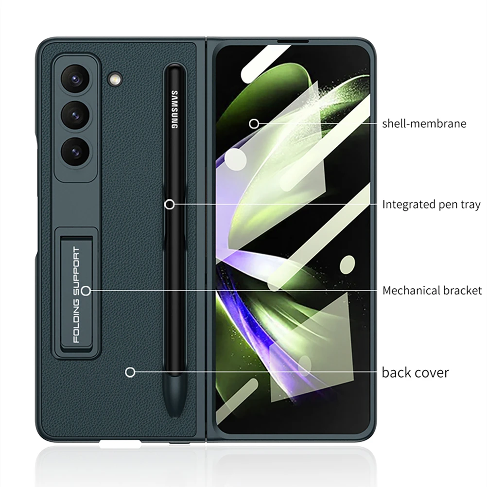 Pen Holder Cover For Samsung Galaxy Z Fold 5 Case Fold5 Leather and Hard Plastic with Bracket Cover Glass Film Protector