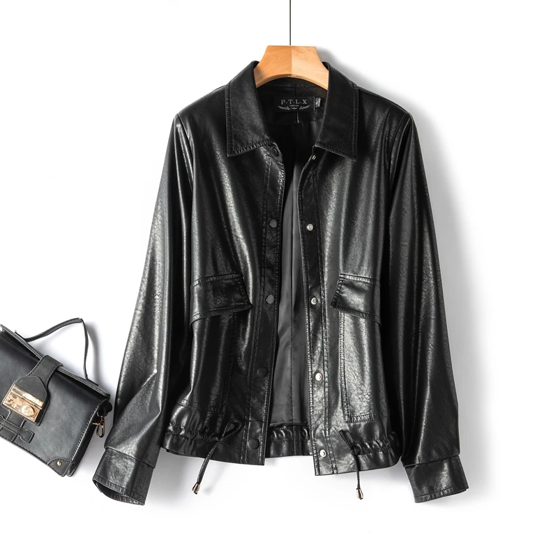 New Autumn Black Leather Coat for Women Brand Long Sleeve Single Breasted Loose PU Leather Coat Female Outerwear High Quality