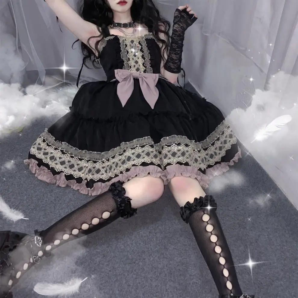 

Grunge Fairy Anime Dress Japanese Gothic Bandage Black Dress Girl Vintage Kawaii Princess Party Dress Sleeveless Lolita Clothes