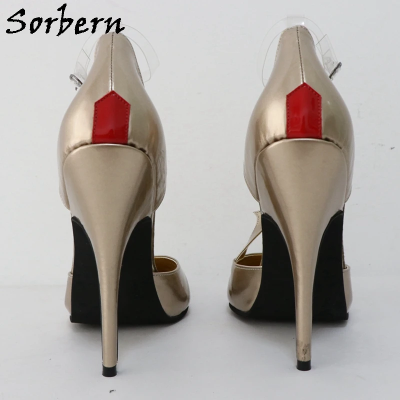 Sorbern Gold Real Leather Women Shoes 14Cm High Heel Round Toe Transparent Ankle Strap Stilettos Pumps Made-To-Order