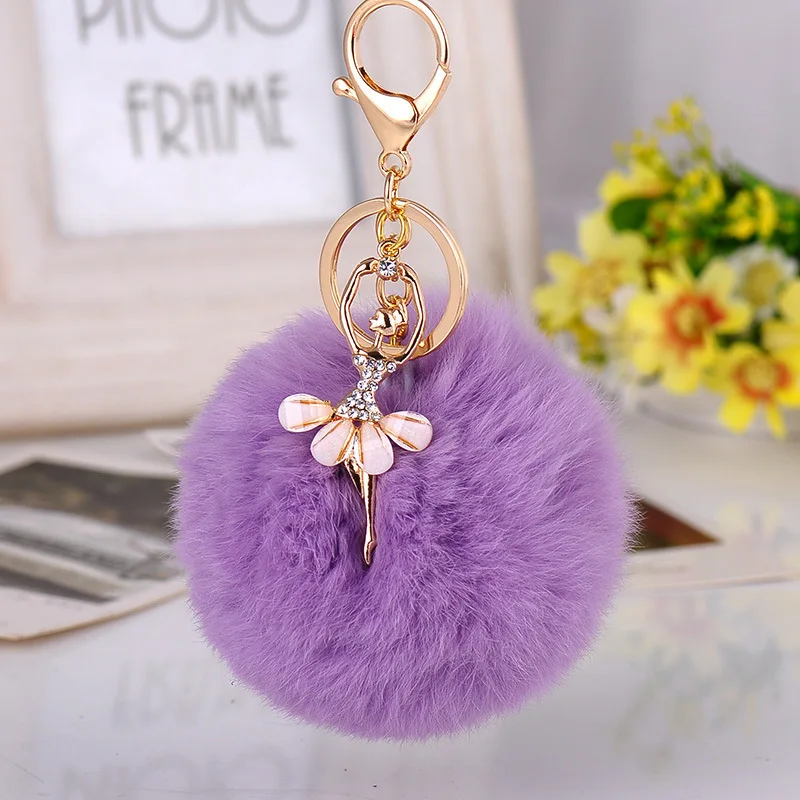 

Cute Hairball Keychain Fashion Rhinestone Ballet Girl Keyring For Women Car Pompom Key Chain Bag Pendant Accessories Jewelry