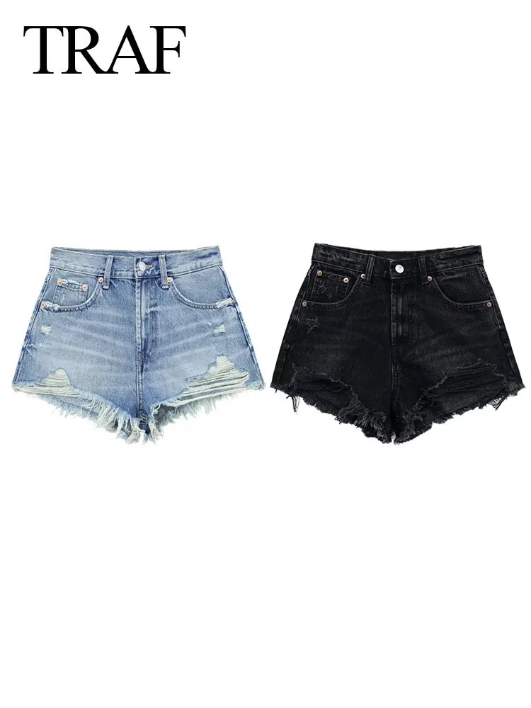 

TRAF Summer Women New Fashion Jeans Shorts For Woman High Waist Blue Denim Shorts Streetwear Ripped Hot Clothes Chic Shorts