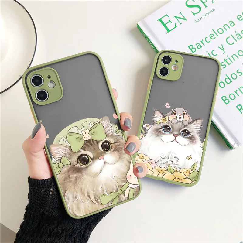 Cute Cat Animal Pattern Phone Case For iPhone 13 12 11 Pro Max Bow Cat Hard Shockproof Cover For iPhone 7 8 Plus SE 2020 XR X XS