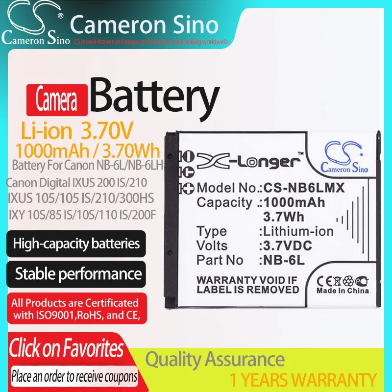 

CS Battery for Canon NB-6L NB-6LH Digital IXUS 200 IS IXUS 105 210 85 IS 110 IS fits IXY 31S 300 HS Camera battery 1000mAh