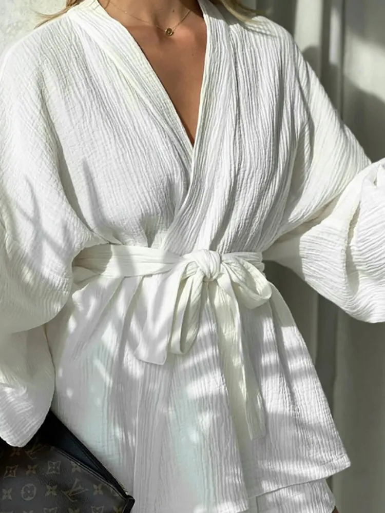 

Casual 2 Piece Sets Womens Outfits Cotton Crepe Conjuntos Para Mujer 2 Piezas Autumn Loose Solid White Commuter Fashion Clothes