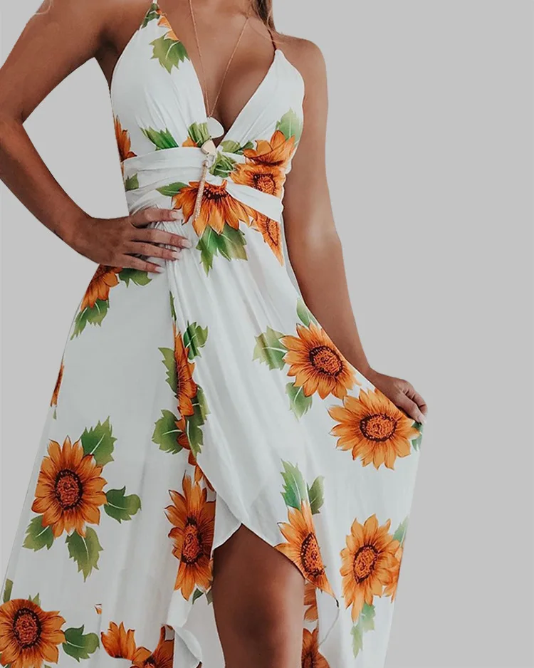 

2023 New Women's Sunflower Printed Mid Mid-length Dress Sleeveless Bohemian Dress Halter Printed Irregular Large Swing Dress