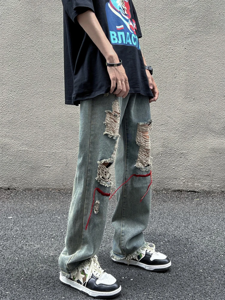 Perforated Loose Wide Leg Jeans Vintage Men'S Clothing Y2k Street Hip Hop Floor Slippers Loose 90s Vintage Men'S Clothing