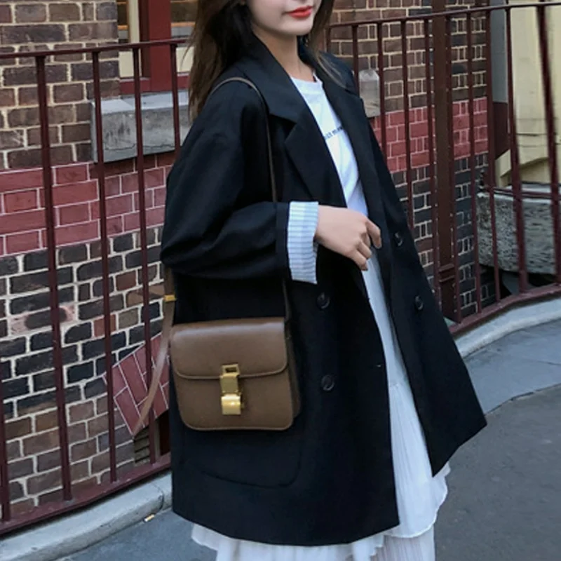 

Black Casual Blazers Mid Length Solid Colors Double Breasted Suits Spring Autumn Women Office Work Long Sleeve Blazer Plus Size