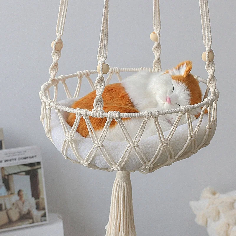 

Hand-woven Cat Hammock Bohemian Style Cotton Rope Hanging Swing Bed Sleeping Basket Ins Style Kitten Bed is not cushion Included