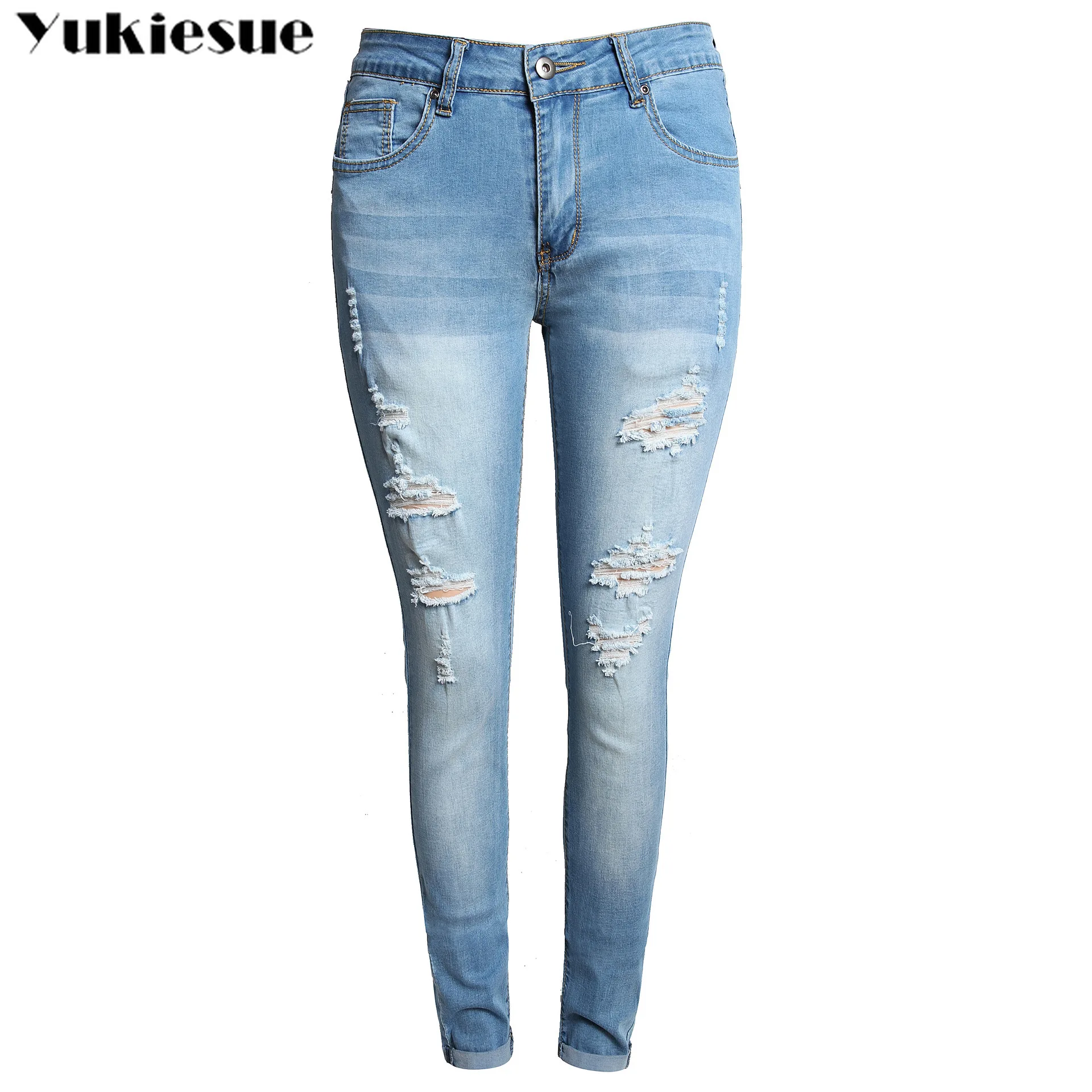 spring 2022 womens fashion high waist ripped hole Women's skinny jeans  woman denim capris Pants jean mom jeans trousers images - 6
