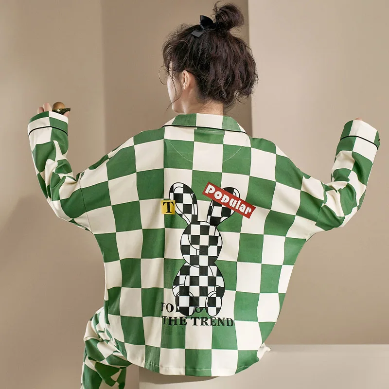 Spring Autuum Fashion Women's Casual Print Bear Pocket Sleepwear Homewear Cute Lovely Couple Pajamas Set With Pants Plaid Green