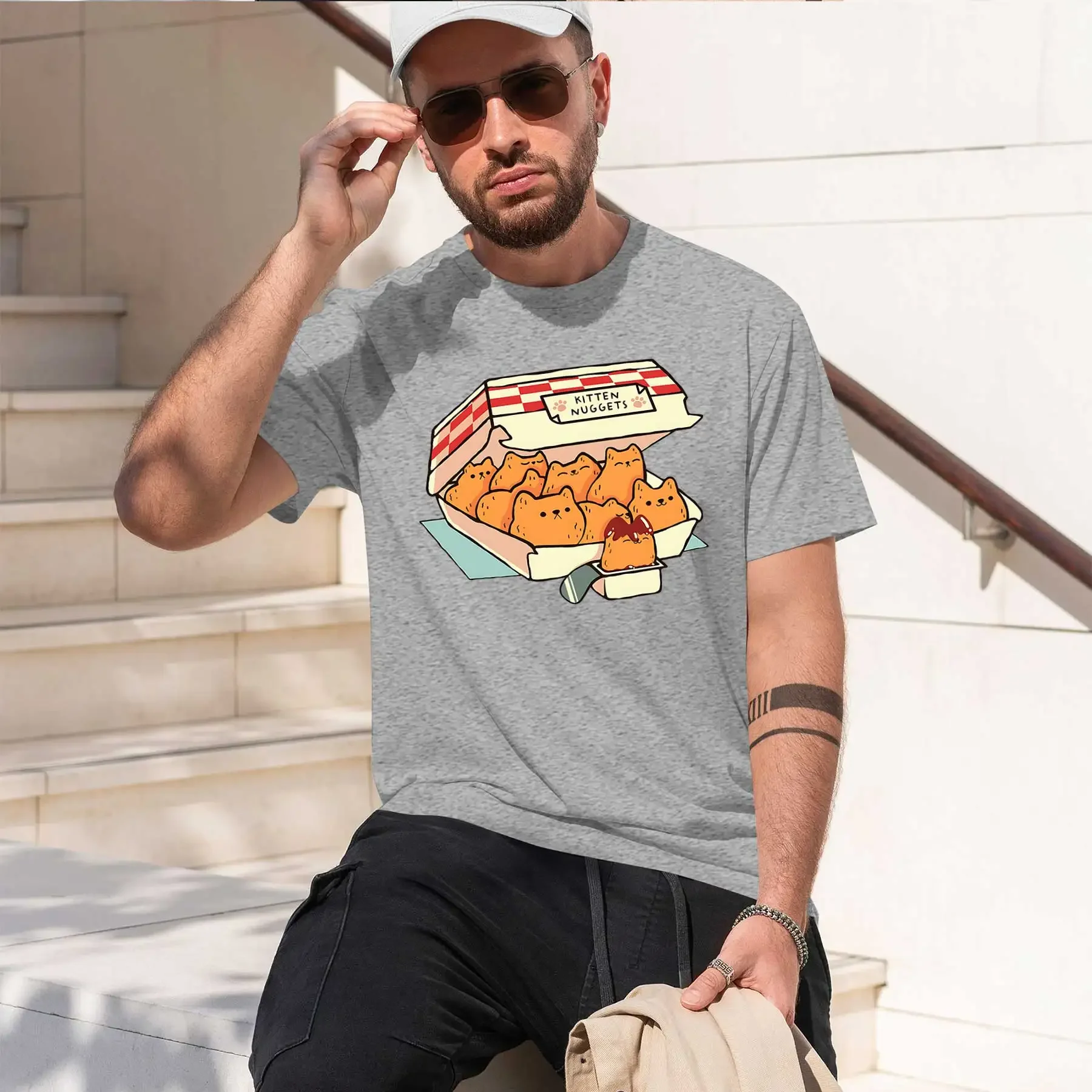 Фото Футболка Kitten Nuggets Fast Food Cat от Tobe Fonseca 2026: новая модная модель, хит продаж, с ретро-принтом, забавным узором, круглым вырезом, из плотной ткани. №4
