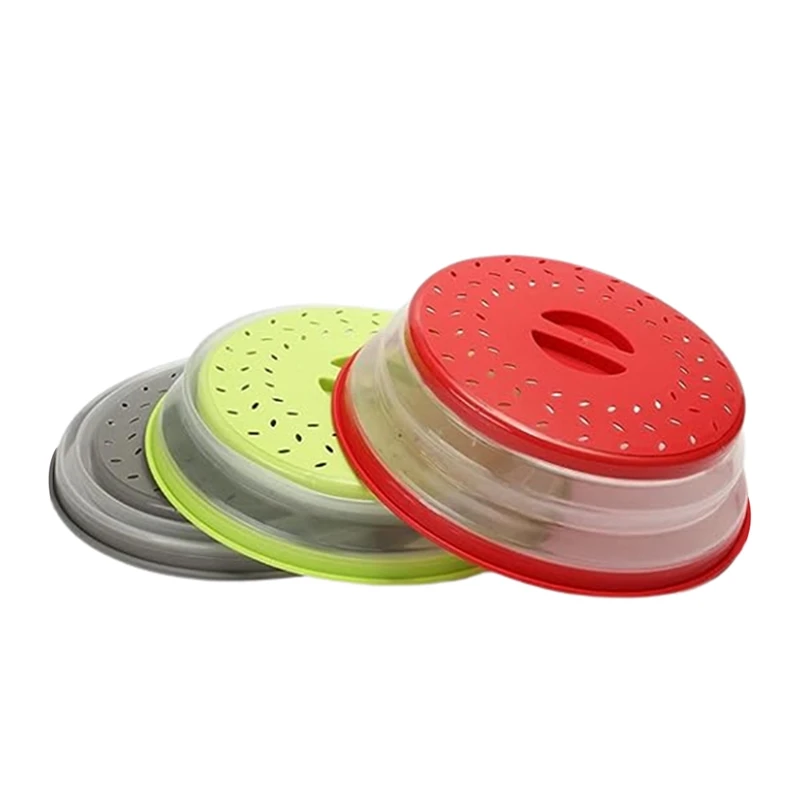 

Pack Of 3 Collapsible Microwave Food Cover Round With Grip Handle RED+GREEN+GREY Easy Install Easy To Use